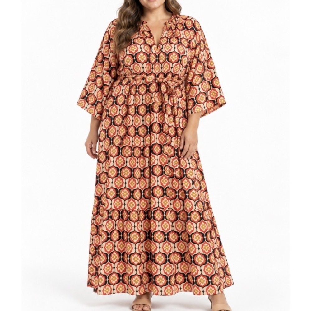 Tuckernuck Honeycomb Bloom Marisol Tie-Waist Caftan Maxi Dress Floral XL NWT